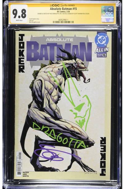 Absolute Batman #15 Snyderサイン入り アメコミリーフ Absolute Batman #15 FIRST PRINT COVER A CGC 9.8 SIGNED & SKETCH BY